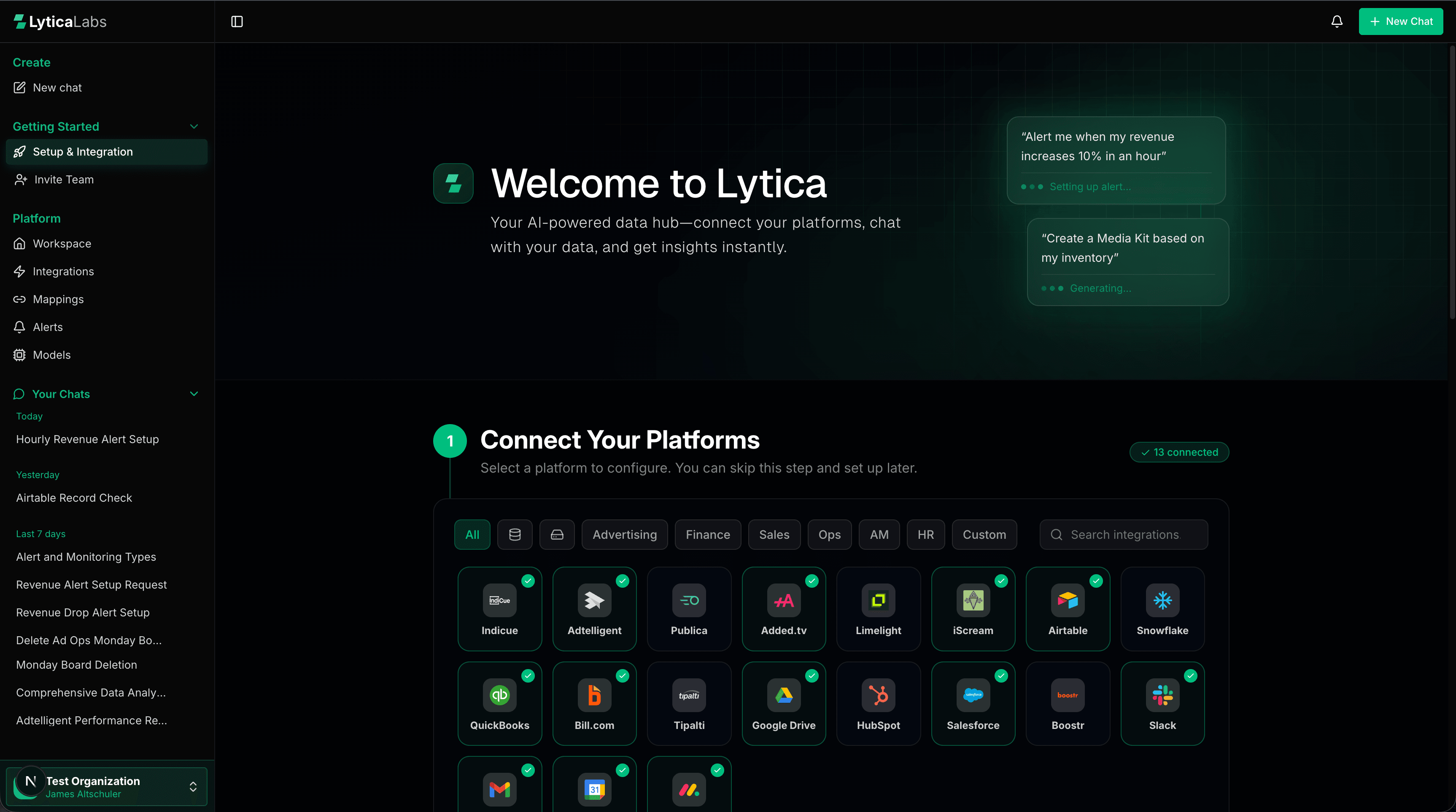 Lytica setup page showing connected platforms across advertising, finance, CRM, and productivity categories