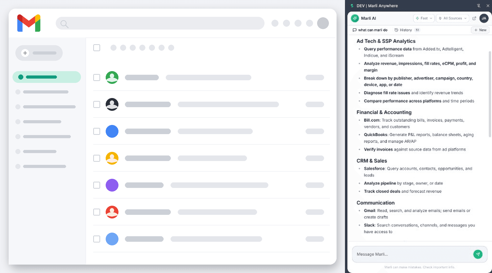 Marli Anywhere extension docked beside a workspace, answering a question inline